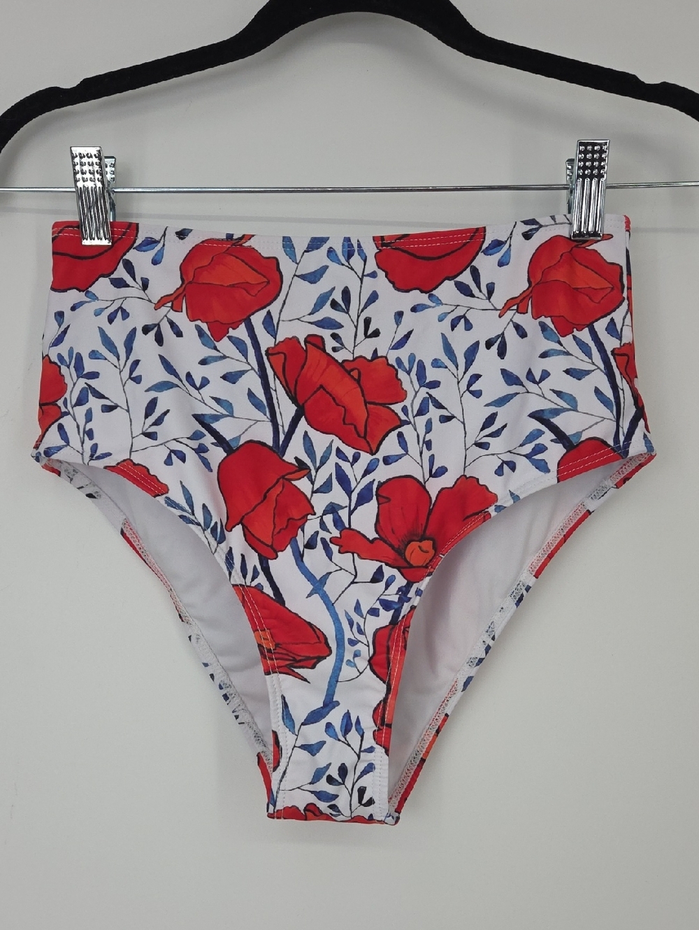Red Floral Bikini Bottoms with Blue Leaf Accents